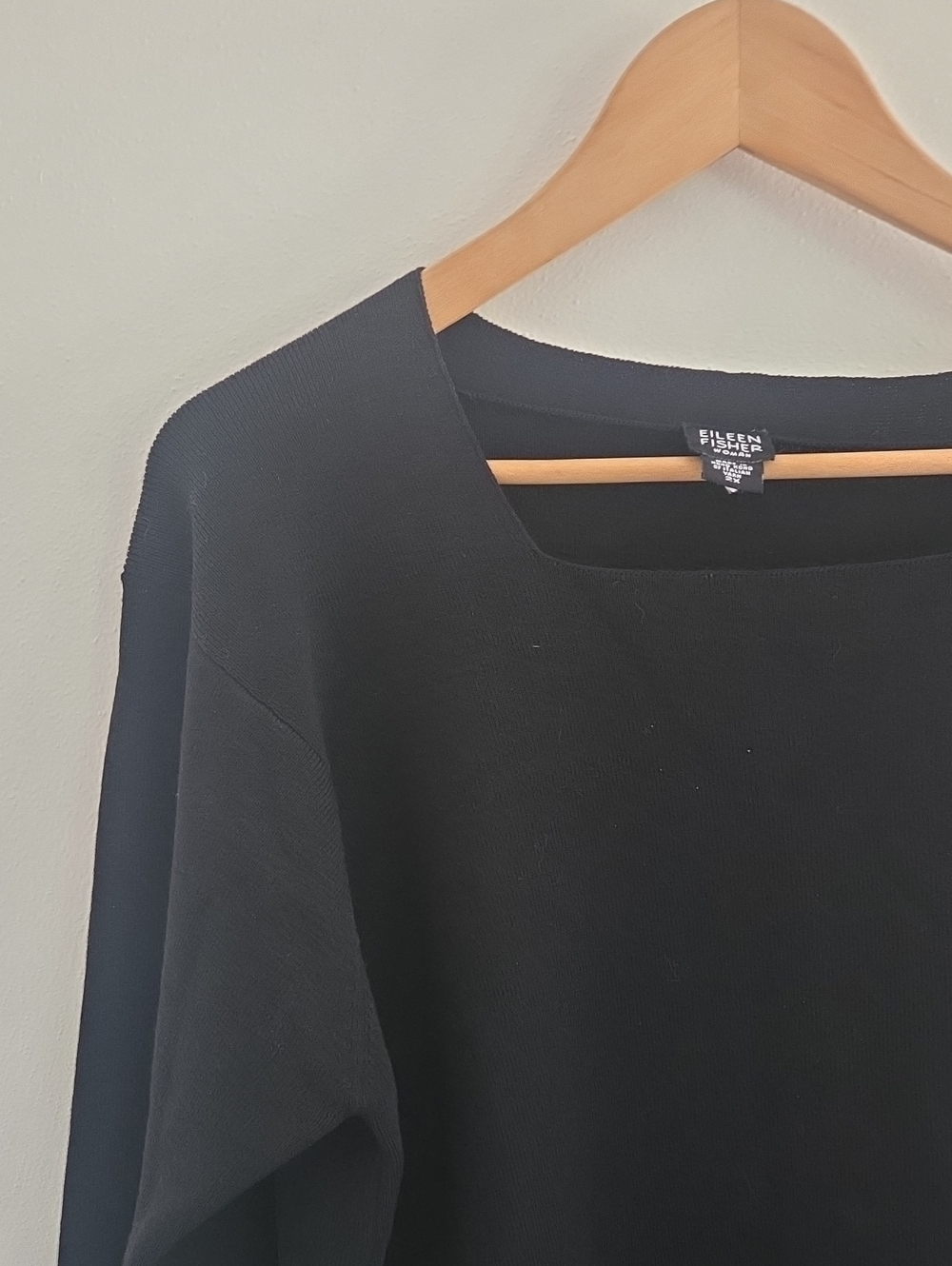 Eileen Fisher 2X 100% Wool Black Square Neck Long Sleeve Sweater
